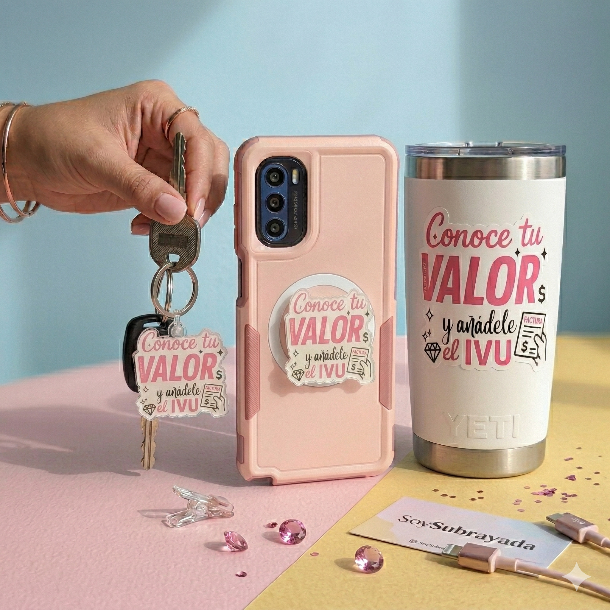 Conoce tu valor y añade ivu - items: llavero, phonegrip on a phone, sticker on a yeti tumbler
