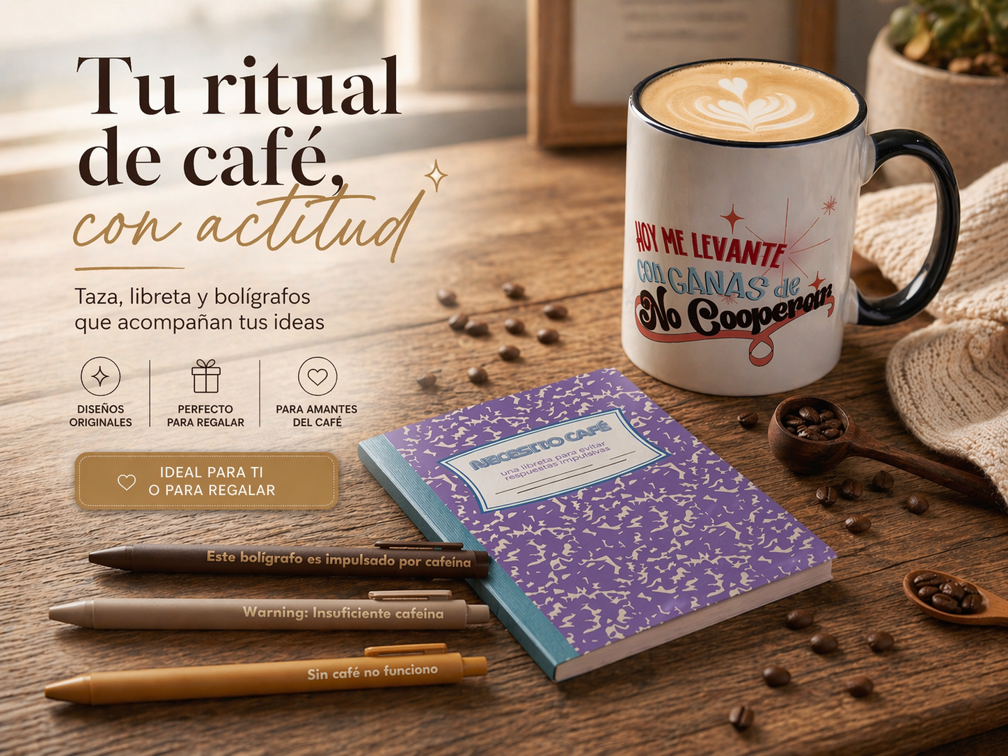 Tu ritual de cafe, con actitud. Taza, libreta y boligrafos que acompañan tus ideas.
