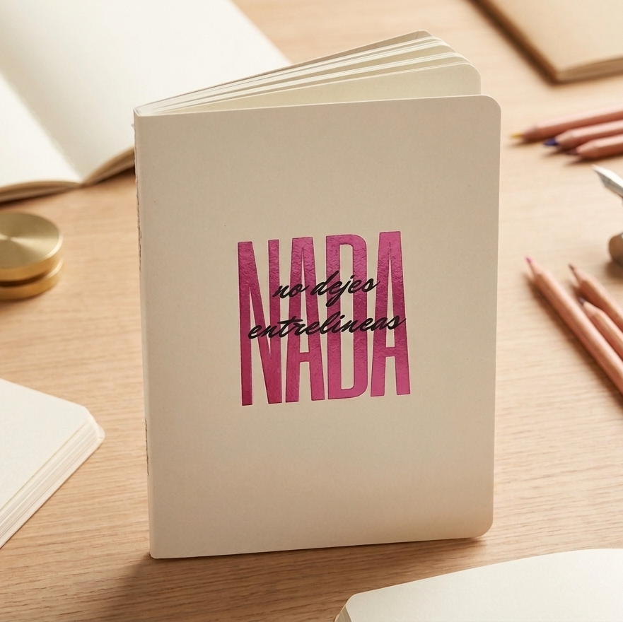 Libreta_A5_No_Dejes_Nada_Entrelineas parada sobre una mesa de madera y con lapices en los lados