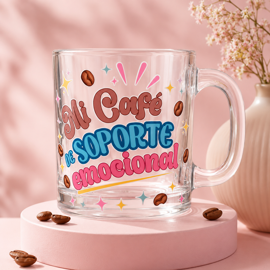 Taza de Cristal 12oz – "Mi Café de Soporte Emocional" | Regalo Café Lover