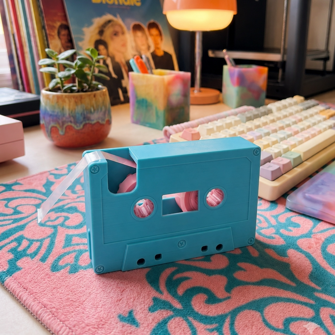 blue retro cassette tape dispenser lifestyle