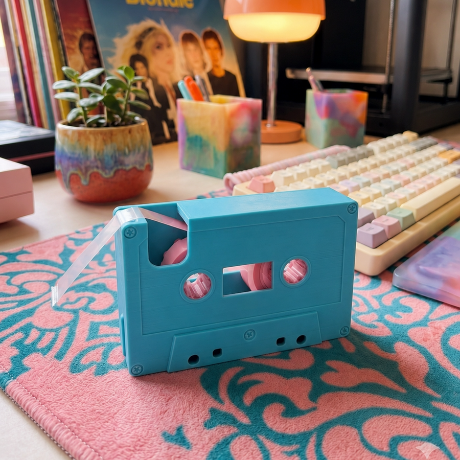 blue retro cassette tape dispenser lifestyle