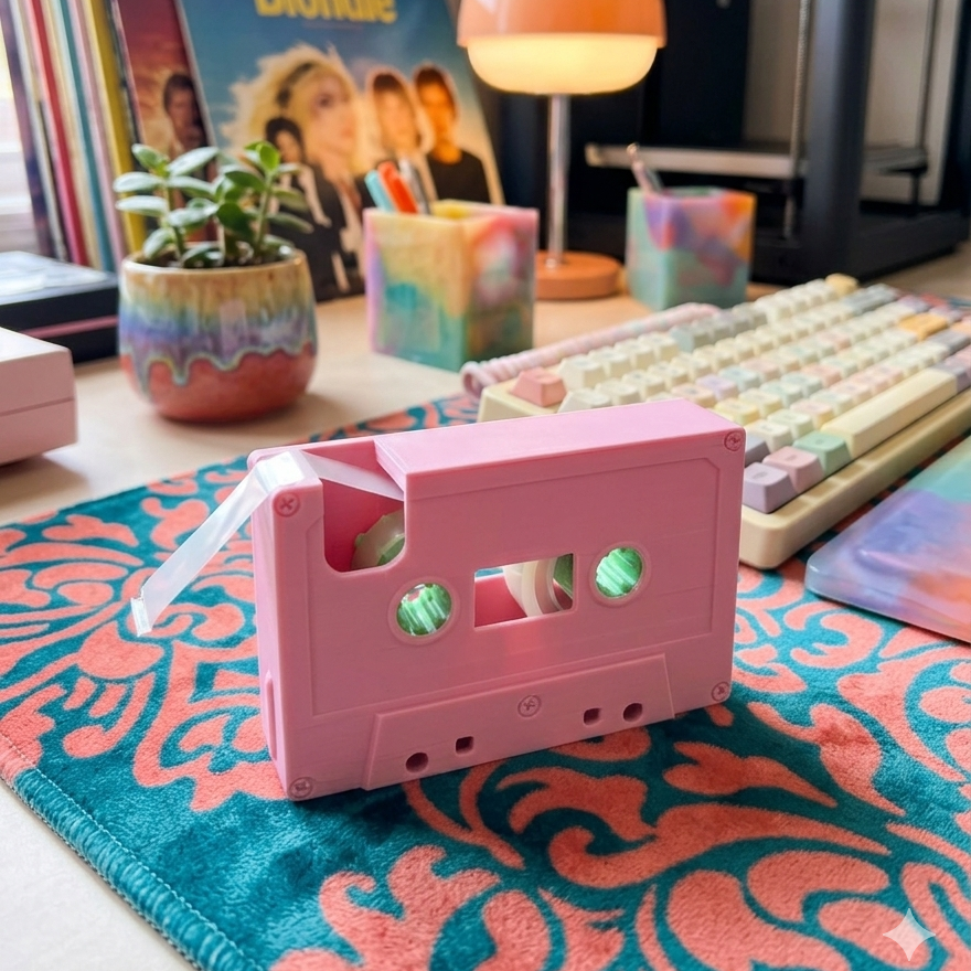 pink retro cassette tape dispenser lifestyle