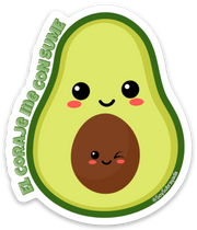 Stickler de aguacate sonriente con la frase El Coraje Me Consume.